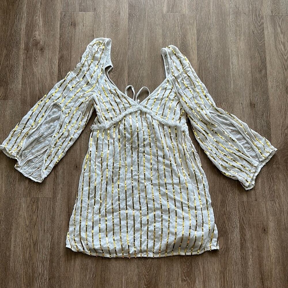 Sundress White &‎ Gold Sequin Striped Mini Dress SZ M/L Plunge Lined